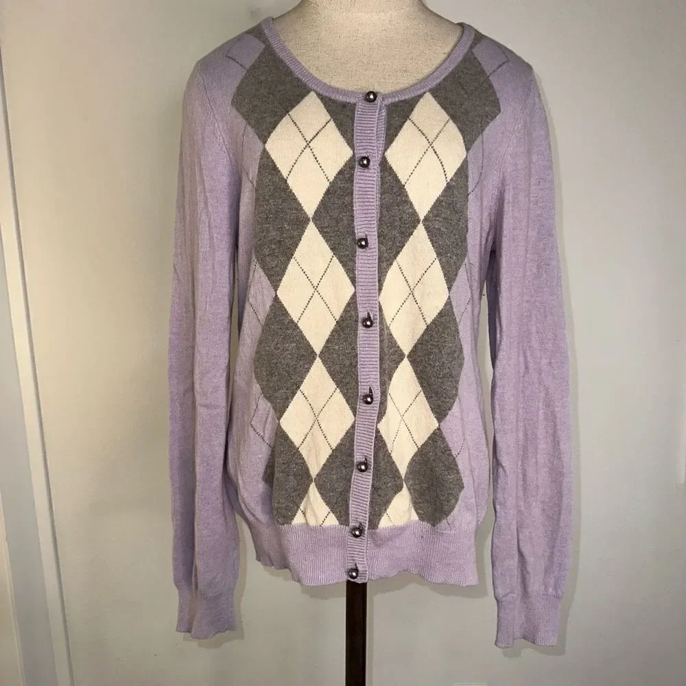 Talbots Womens Lambswool Angora Blend Purple Argyle Sweater Cardigan Cozy Chic‎